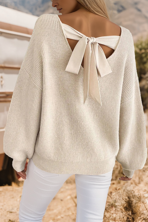 Fall Ribbed Knit Contrast Ribbon Knot Drop Shoulder Sweater