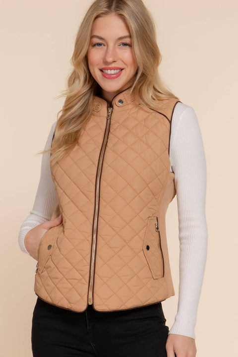 Suede Piping Detail Rib Quilted Padding Vest