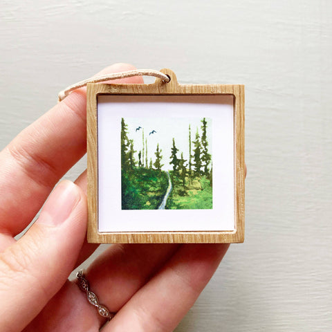 Mini 1" Pine Tree Forest Path Winter Tiny Landscape Print