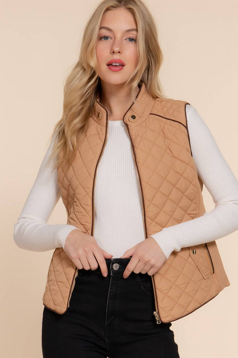 Suede Piping Detail Rib Quilted Padding Vest