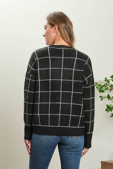 Grid Print Relaxed Fit Sweater, Black