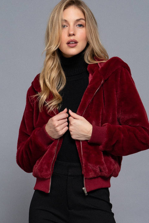 Long Sleeve Zip Up with Hoodie Faux Fur Jacket