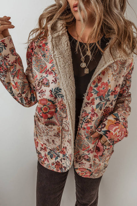 Paisley Floral Print Sherpa Lined Hooded Jacket | S-3XL