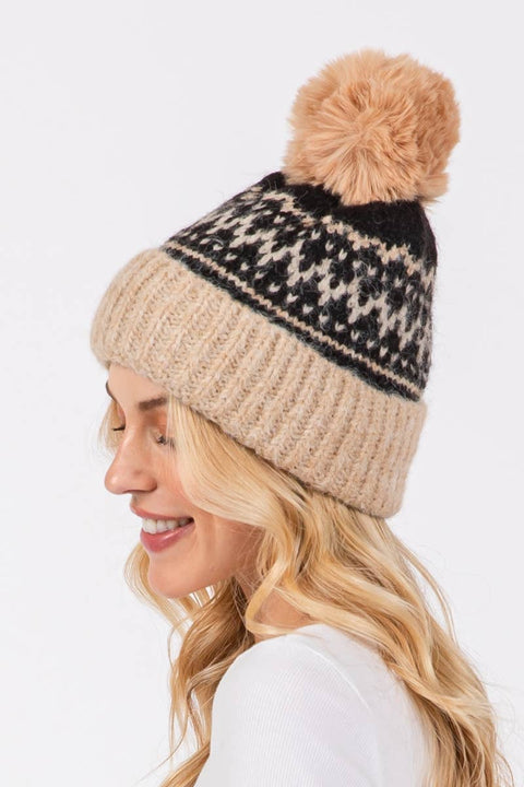 Nordic Pattern Knit Pom Pom Beanie