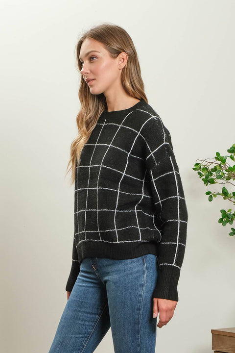 Grid Print Relaxed Fit Sweater, Black