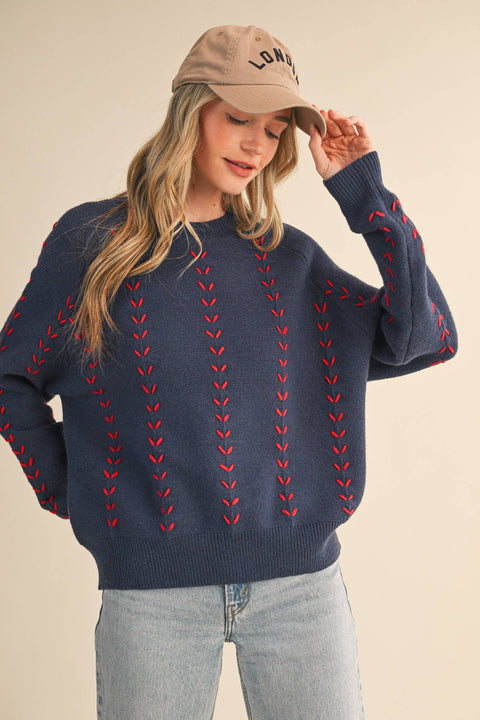 EMBROIDERED LONG SLEEVE PULLOVER SWEATER