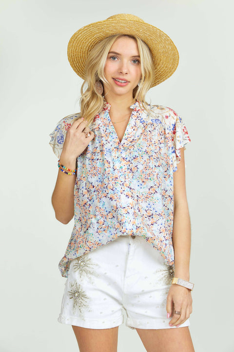 RUFFLE SLEEVE FLORAL BLOUSE