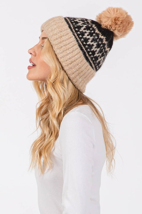 Nordic Pattern Knit Pom Pom Beanie