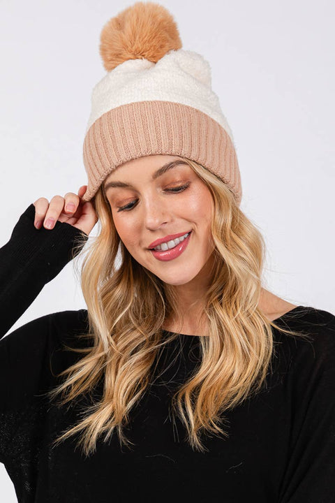 Two Tone Fleeced Pom Pom Beanie