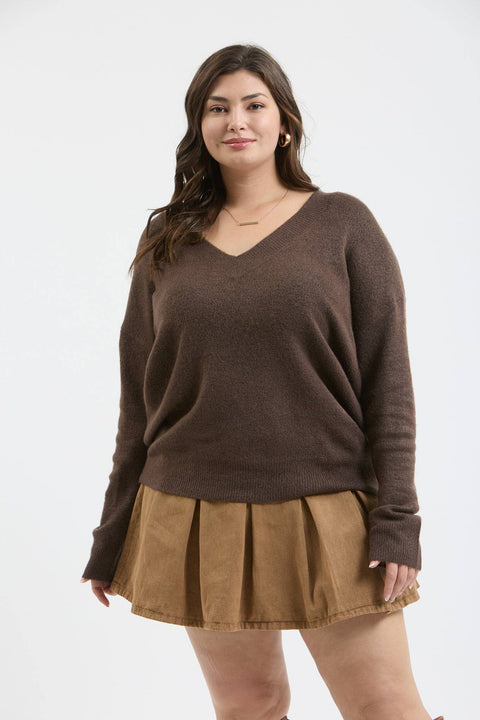 PLUS SOLID V NECK DROP SHOULDER KNIT SWEATER