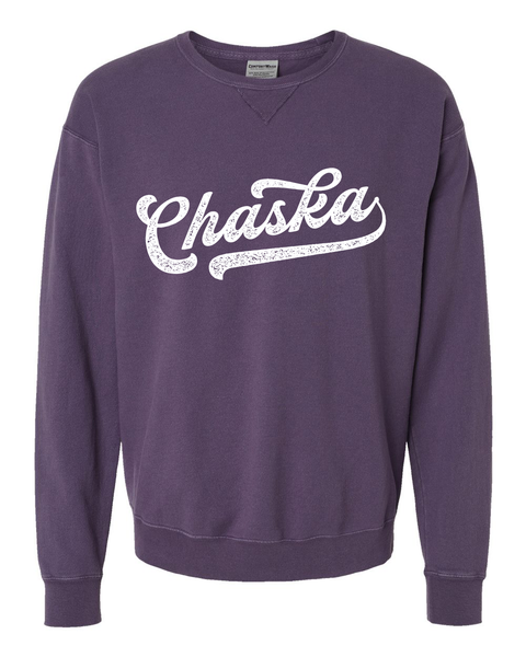 Chaska Script Comfort Crewneck Unisex Sweatshirt, Deep Purple