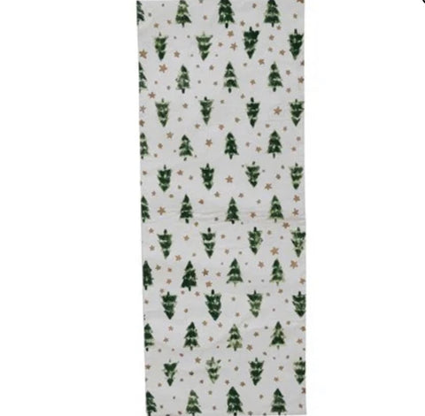 Table Runner w/ Tree Pattern, White, Green & Gold Color, Cotton Block Print