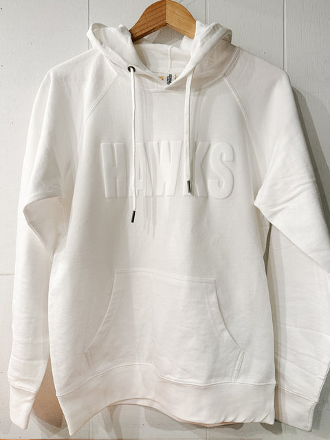 HAWKS Puff-Printed White on White Hoodie, Unisex