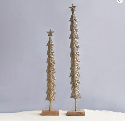 Cast Metal Christmas Tree w/ Mango Wood Base, Brass Finish - 2 sizes