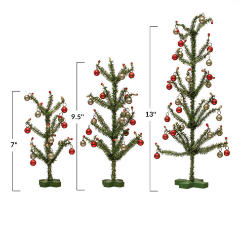 Tinsel Trees w/ Red & Silver Finish Ornaments, Green, - 3 sizes