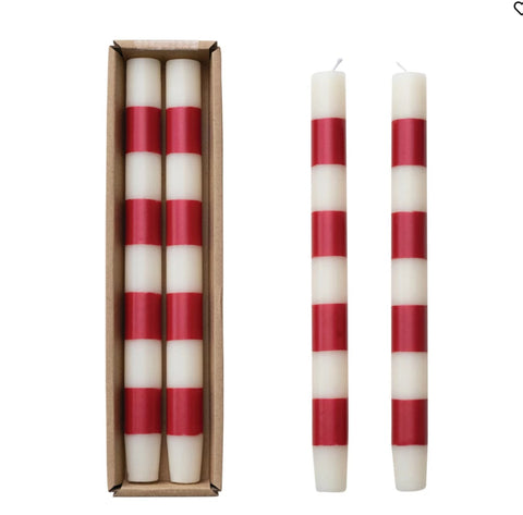 10"H Unscented Taper Candles w/ RED Stripes in Box, Set of 2