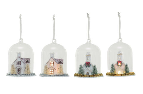 Glass Cloche Ornament w/ House & LED Light - 2 styles