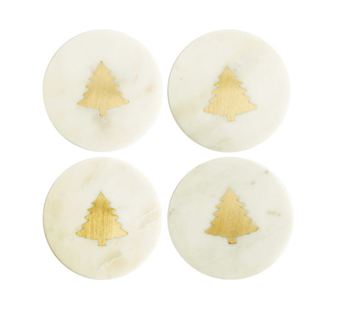 Marble Coasters w/ Brass Tree Inlay, White, Set of 4