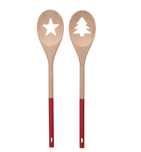 Acacia Wood Spoon w/ Tree/Star Cut-Out, Natural & Red, 2 Styles