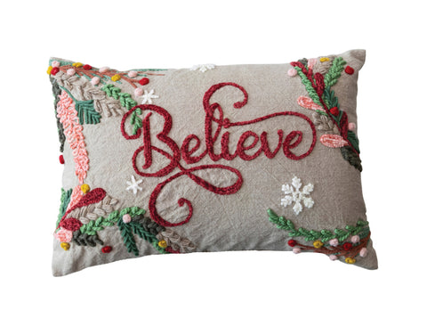 Cotton Chambray Embroidered Lumbar Pillow w/ Snowflakes & Foliage "Believe"