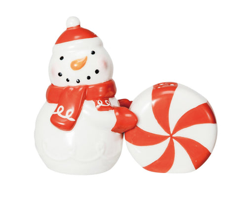 Ceramic Snowman & Candy Shaped Salt & Pepper Shakers, Red & White, Set of 2