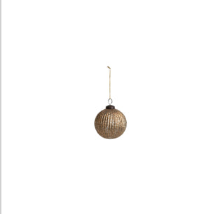 4" Round Pleated Glass Ball Ornament, Antique Gold Finish