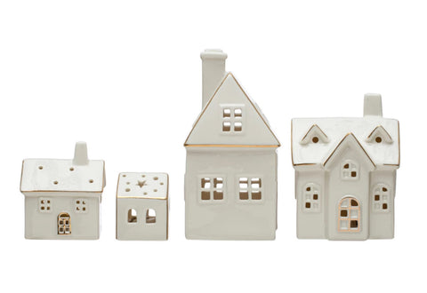 Stoneware Houses w/ LED Lights & Gold Electroplating, 4 styles, (Batteries Included)