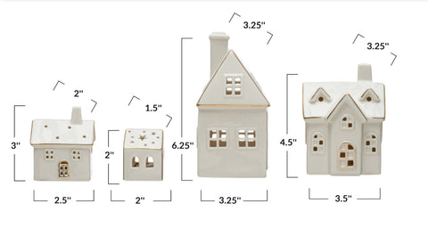 Stoneware Houses w/ LED Lights & Gold Electroplating, 4 styles, (Batteries Included)