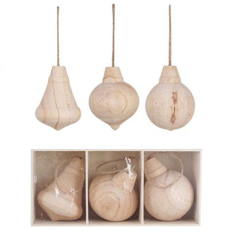 Carved Wood Ornaments, Natural, Boxed Set of 3