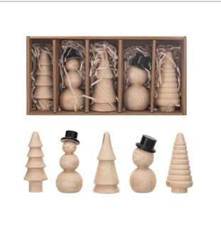 Wood Trees & Snowmen, Natural & Black, Boxed Set of 5