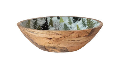 Enameled Mango Wood Bowl w/ Trees Pattern, Multi Color