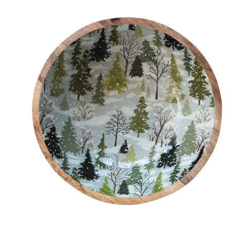 Enameled Mango Wood Bowl w/ Trees Pattern, Multi Color