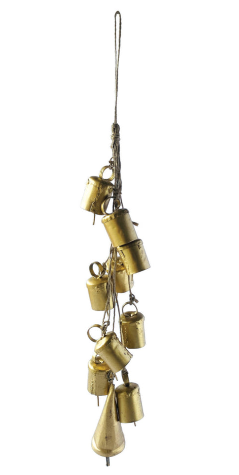 Handmade Hanging Metal Bells on Jute Rope, Gold Finish