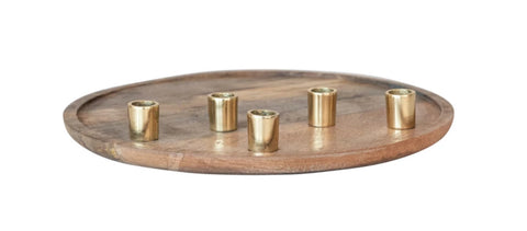 Decorative Mango Wood & Aluminum Tray Taper Holder (Holds 5 Tapers)