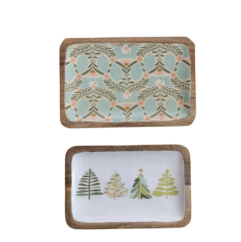 Enameled Mango Wood Trays w/ Dove/Trees Patterns, 2 styles