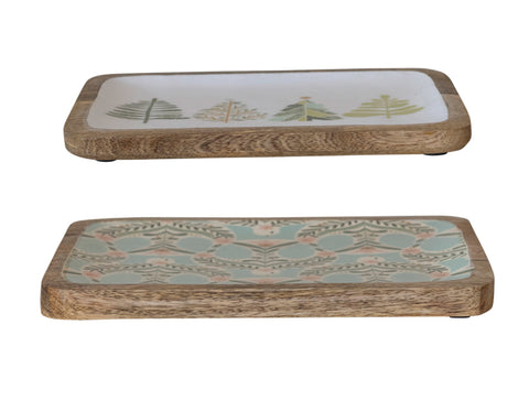 Enameled Mango Wood Trays w/ Dove/Trees Patterns, 2 styles