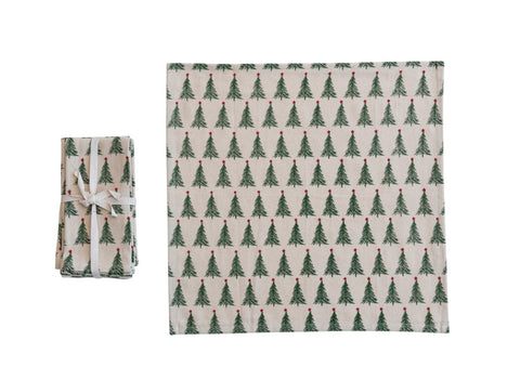 Stonewashed Cotton Printed Napkins w/ Christmas Tree Pattern, Set of 4