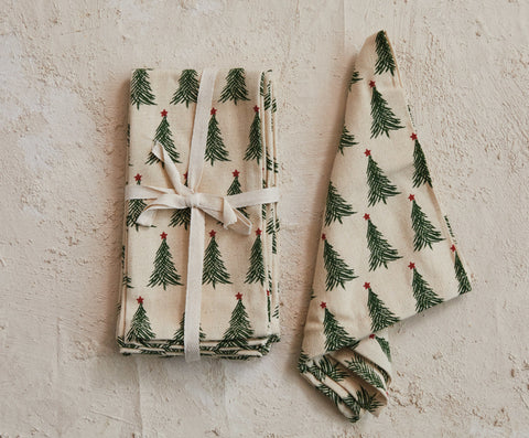 Stonewashed Cotton Printed Napkins w/ Christmas Tree Pattern, Set of 4