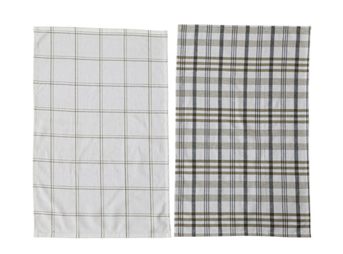 Stonewashed Cotton Tea Towel w/ Grid/Plaid Pattern, White & Green, 2 Styles