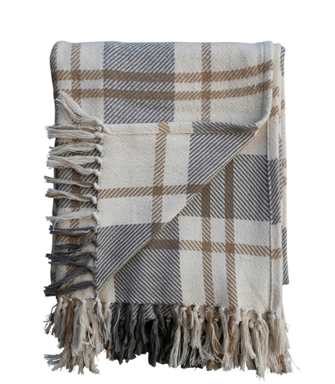 Brushed Cotton Flannel Throw w/ Fringe, Multi Color Plaid