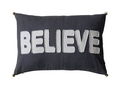 24"L x 16"H Cotton Lumbar Pillow w/ Applique & Jingle Bells "Believe", Grey & White