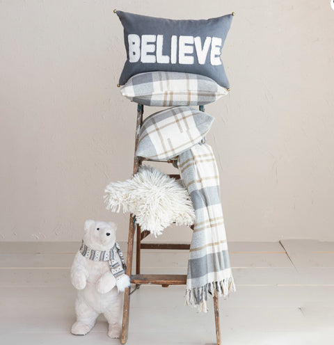 24"L x 16"H Cotton Lumbar Pillow w/ Applique & Jingle Bells "Believe", Grey & White