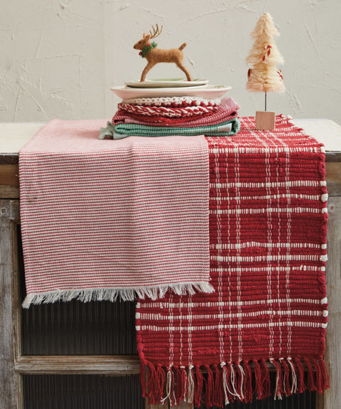 Woven Cotton Table Runner w/ Stripes & Fringe, Red & White