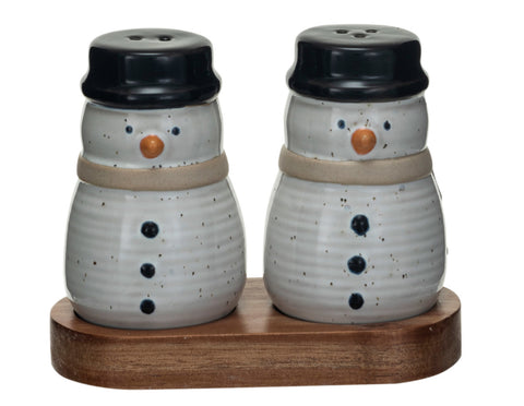 Stoneware Snowmen Shaped Salt & Pepper Shakers w/ Acacia Wood Tray, Set of 3