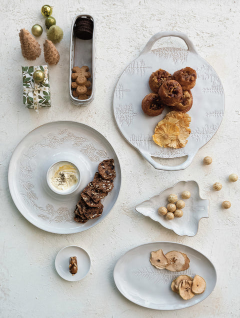 Debossed Stoneware Tray/Platter w/ Trees & Handles (Each One Will Vary)