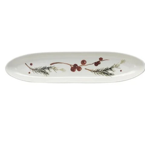 Stoneware Dish or Platter w/Seasonal Botanicals, Multi Color