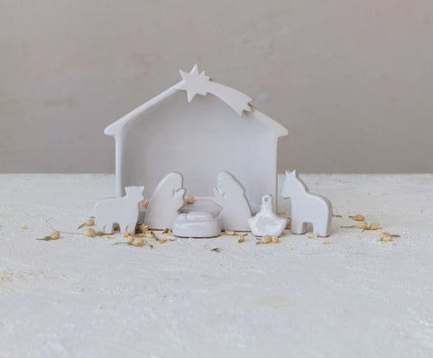 Stoneware Nativity, Reactive Glaze, White, Set of 7 (Each One Will Vary)