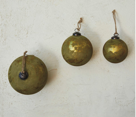 Matte Olive & Gold Distressed Finish, Recycled Glass Ball Ornament