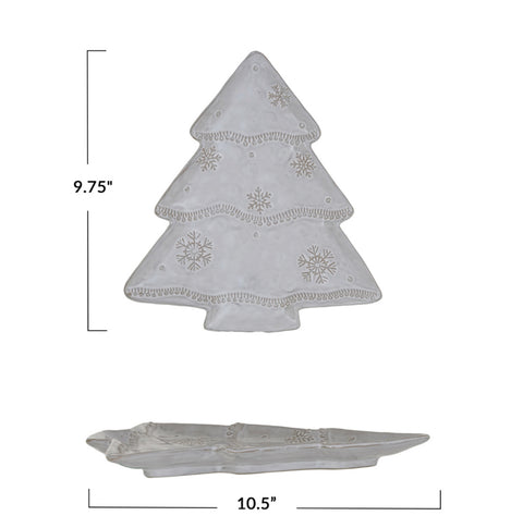 Christmas Tree Shaped Plated w/Snowflakes, Stoneware (Each One Will Vary)