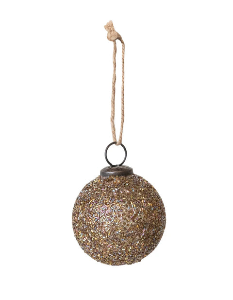 Beaded Glass Ball Ornament, Gold Finish, Brown